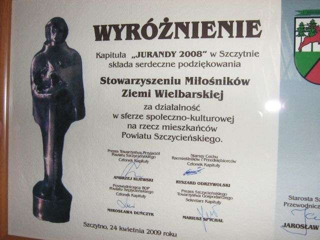 Stowarzyszenie Miłośników Ziemi Wielbarskiej laureatem wyróżnienia "Jurandy 2008"