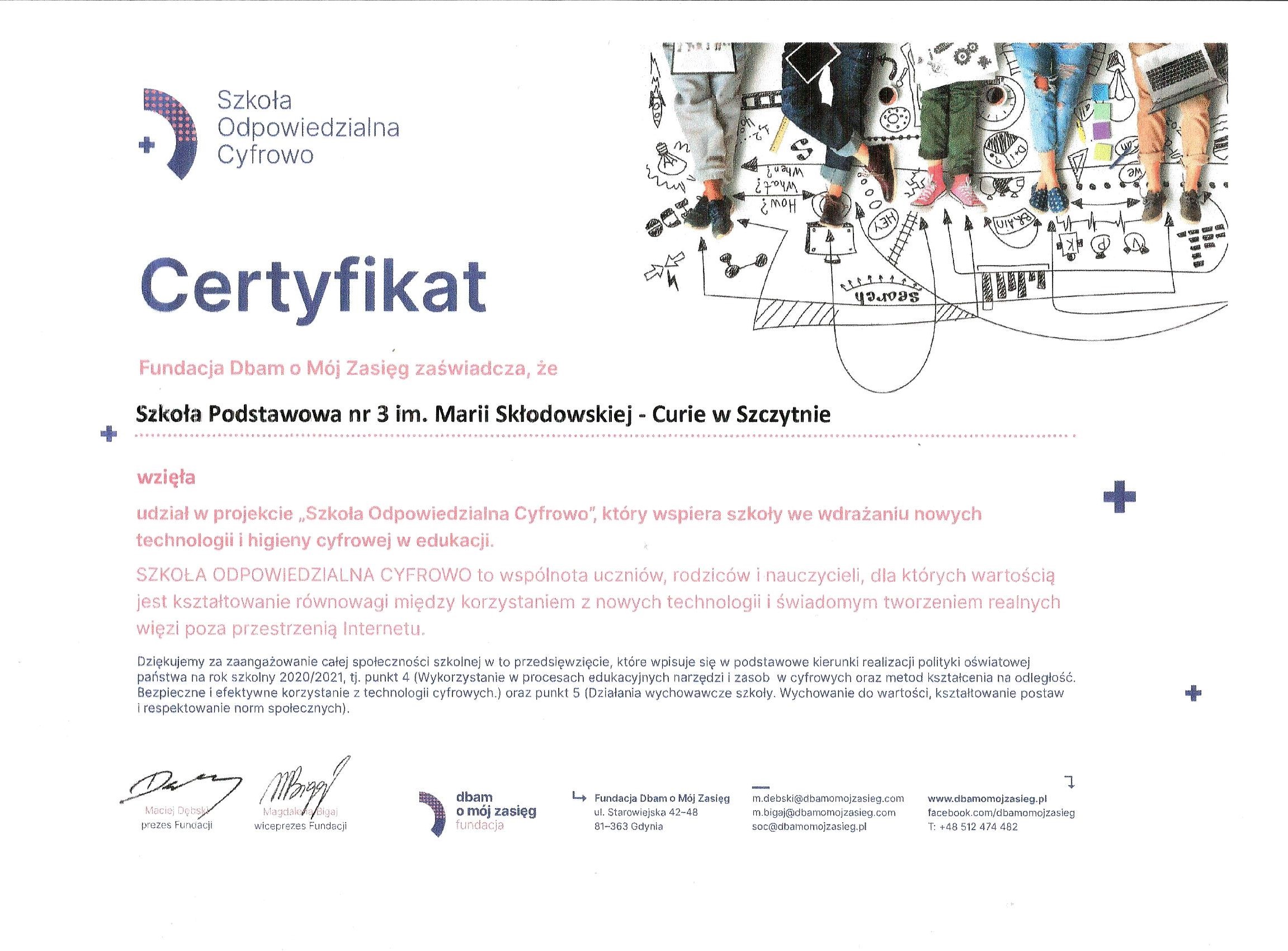Certyfikat - Szkoła Odpowiedzialna Cyfrowo