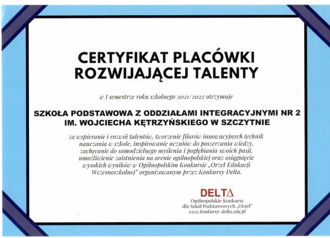 Certyfikat Placówki Rozwijającej Talenty