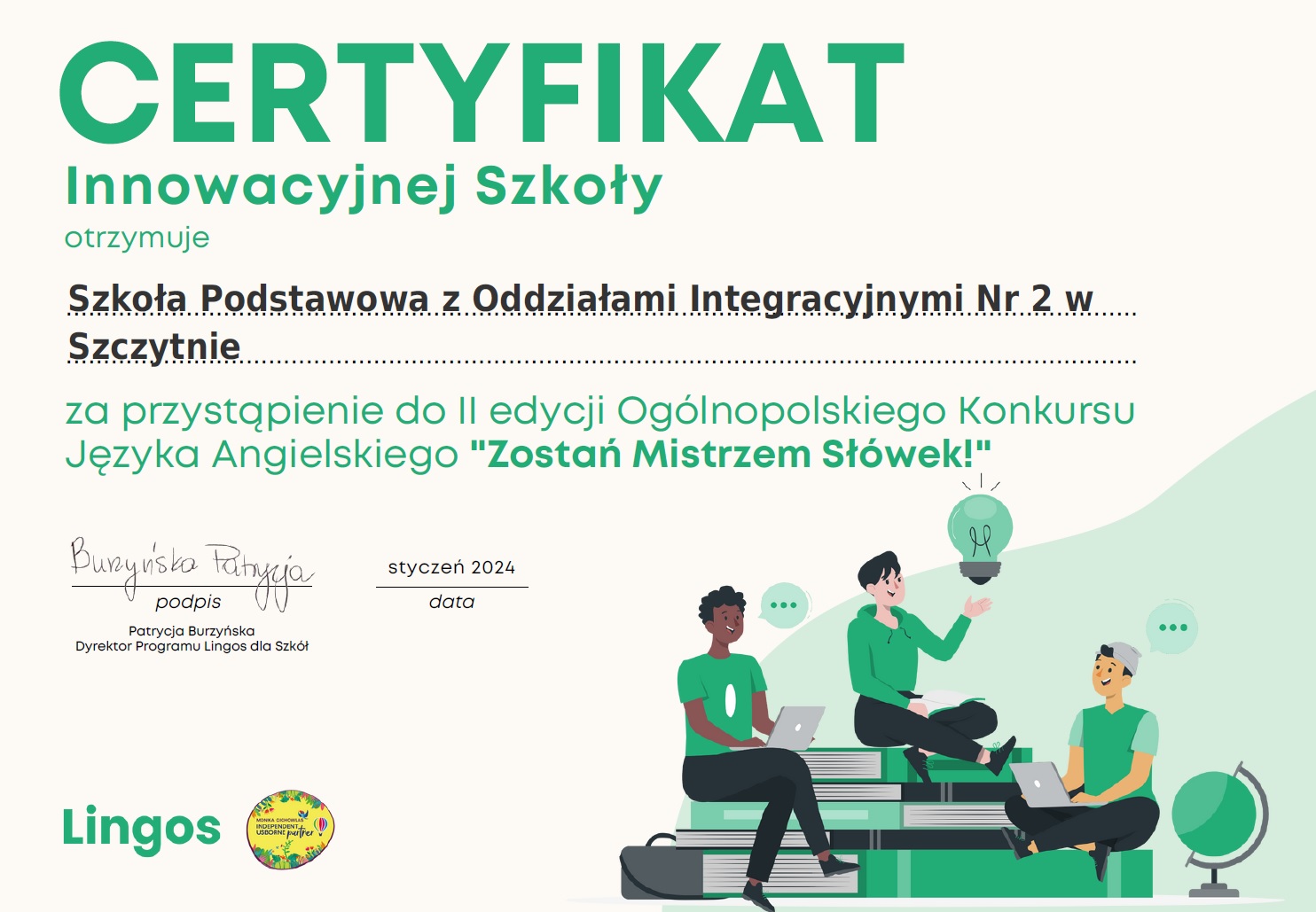 Certyfikat Ogólnopolski Konkurs „Zostań Mistrzem Słówek