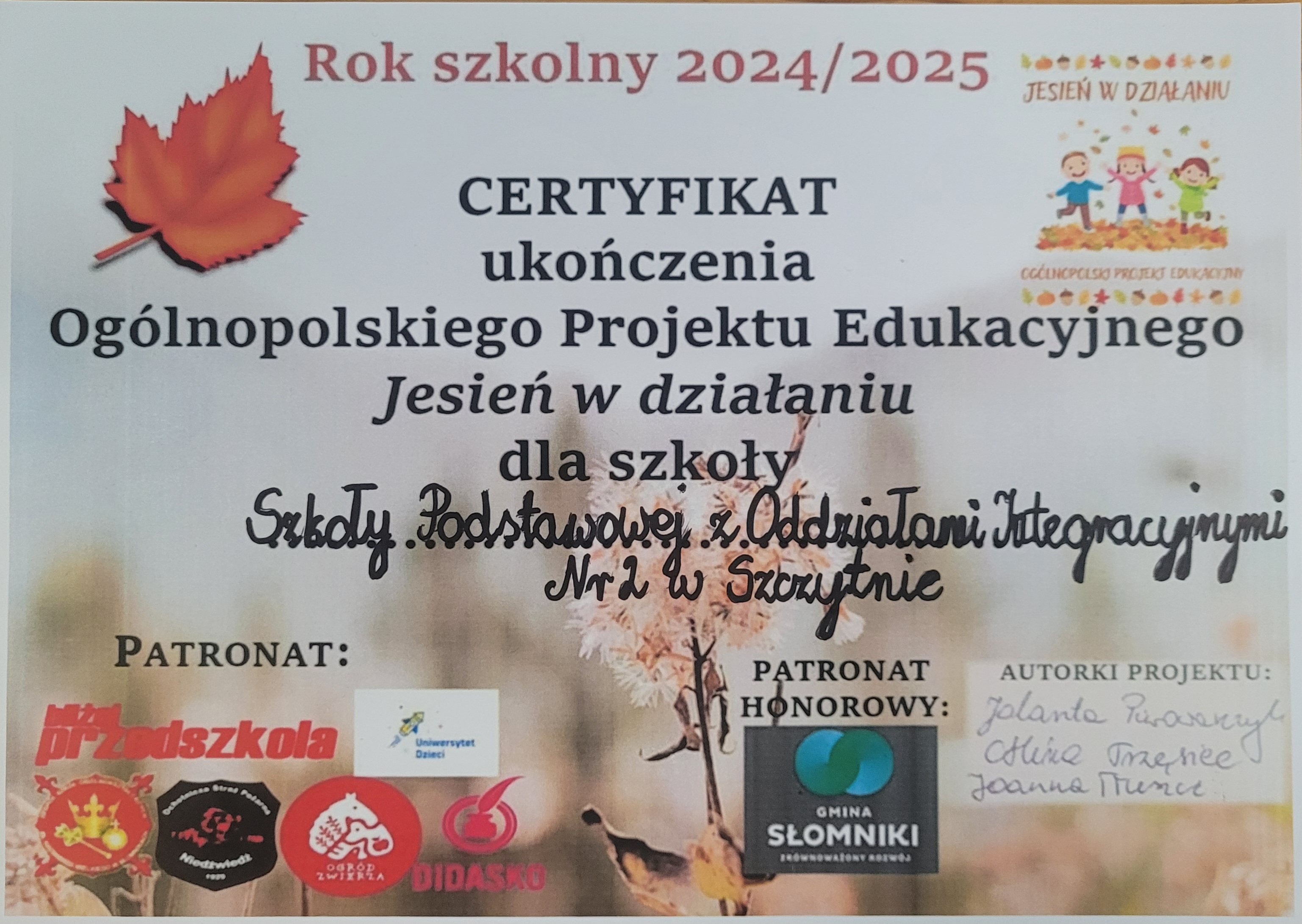 Certyfikat „Jesień w działaniu”