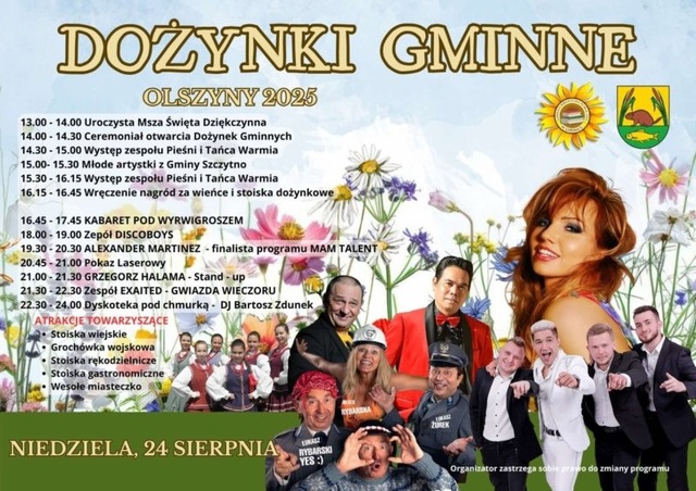 Dożynki Gminne w Olszynach 2025: Kabaret, disco polo i wiejskie smaki – wielkie świętowanie w gminie Szczytno