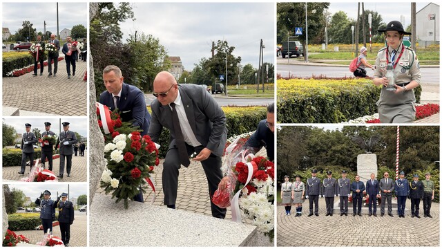 Kwiaty przy pomniku Orła Białego z okazji rocznicy wybuchu II wojny światowej