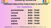 Godziny otwarcia MBP oraz  FILII NR 2 od 1 września 2025 