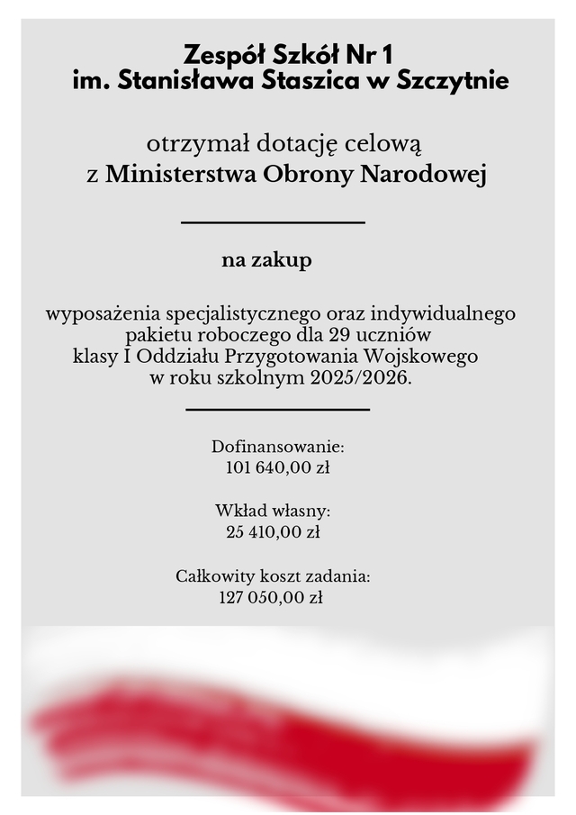 Zespół Szkół nr 1 w Szczytnie z dotacją celową z Ministerstwa Obrony Narodowej