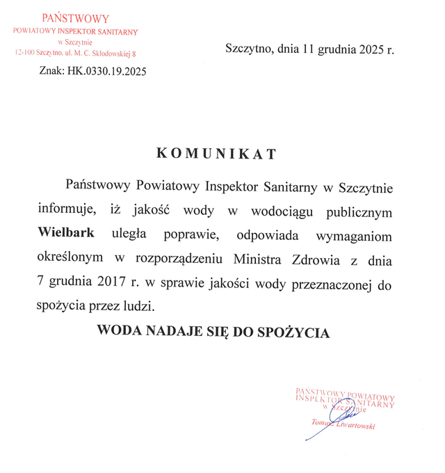 Informacja o poprawie przydatności wody do spożycia