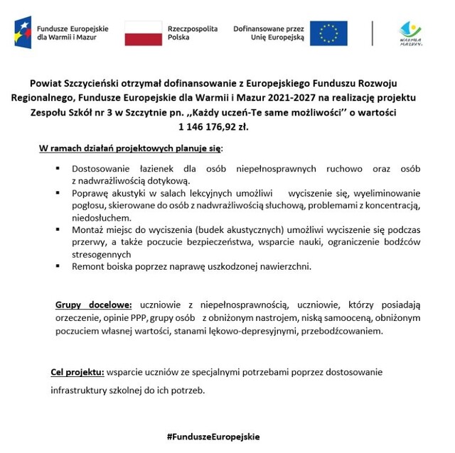 Powiat Szczycieński z dofinansowaniem na realizację projektu "Każdy uczeń - Te same możliwości"