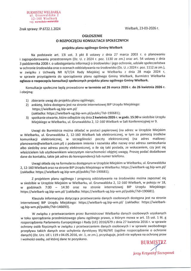 Konsultacje dotyczące projektu Planu Ogólnego Gminy Wielbark - okienko wyskakujące