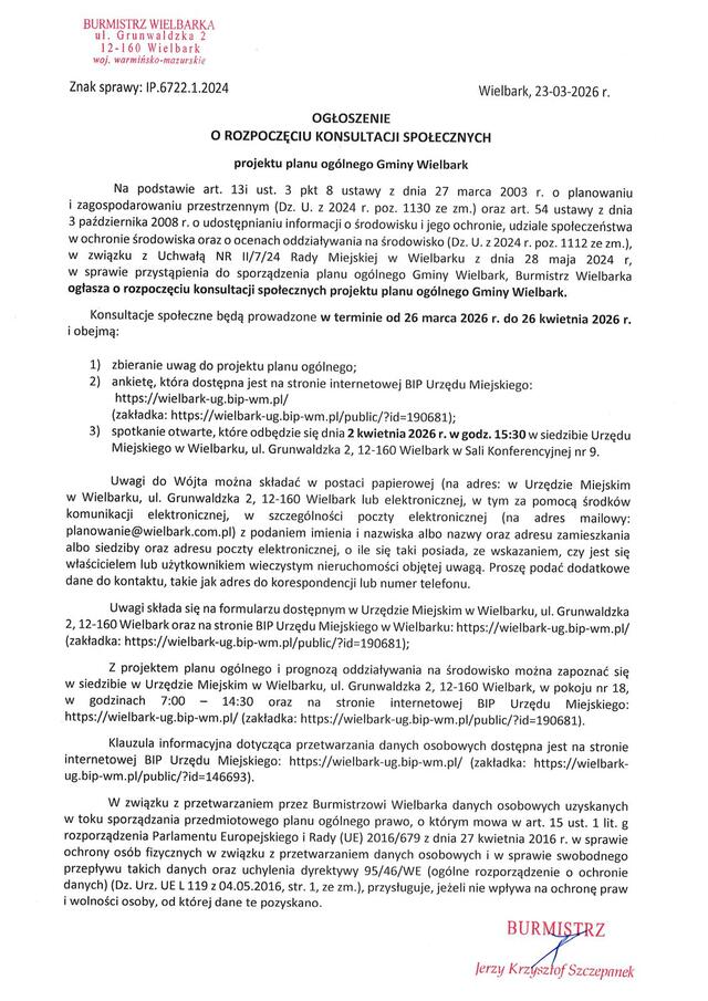 Konsultacje dotyczące projektu Planu Ogólnego Gminy Wielbark - okienko wyskakujące