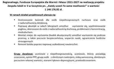 Powiat Szczycieński z dofinansowaniem na realizację projektu "Każdy uczeń - Te same możliwości"