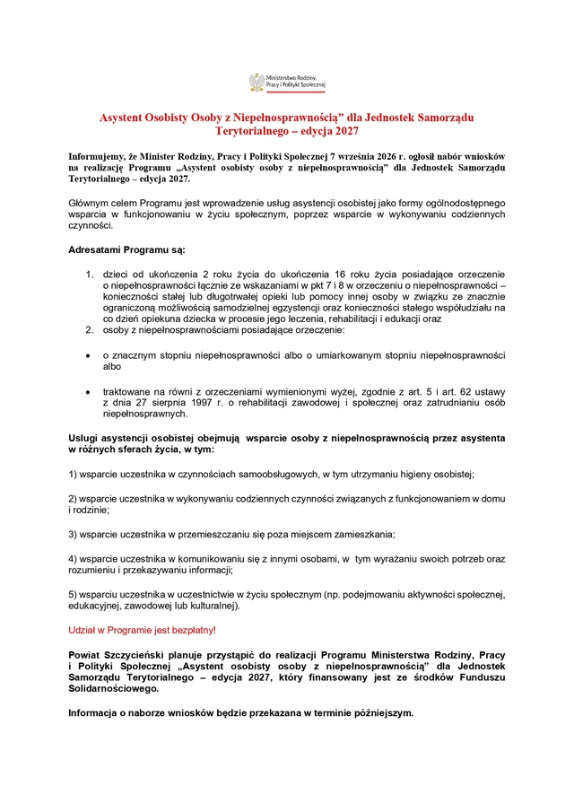 Program "Asystent Osobisty Osoby z Niepełnosprawnością" dla Jednostek Samorządu Terytorialnego – edycja 2027